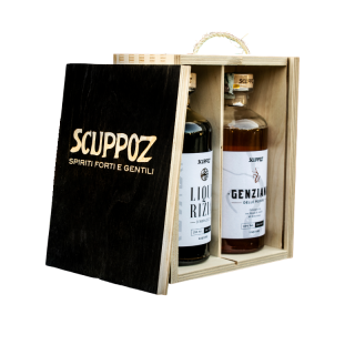 Contenitore box di legno coperchio nero scritta Scuppoz per bottiglie doppie da 0,5L idea regalo Teramo Abruzzo